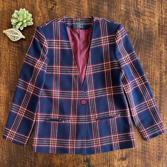Southern Lady | Vintage Wool Blend Academia Plaid One Button Blazer, Size 9/10 - Picture 1 of 7